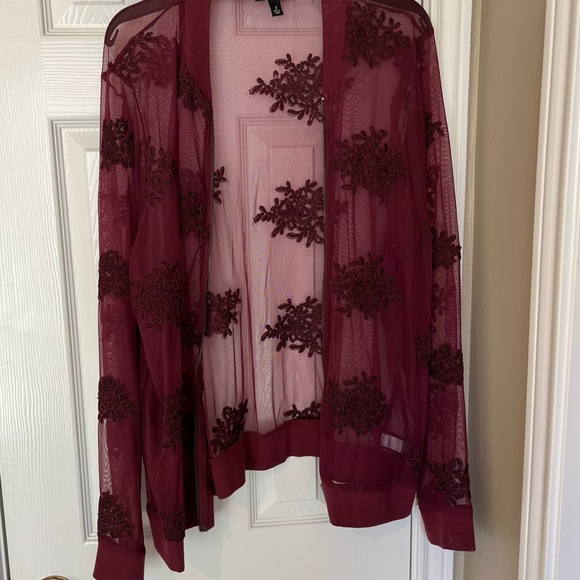 Mesh ox blood bomber jacket with floral lace detail - Picture 2 of 2